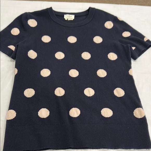 Kate Spade Womens  Sweater M Polka Dot Navy Cream Cashmere Blend Short Sleeve - Picture 9 of 9